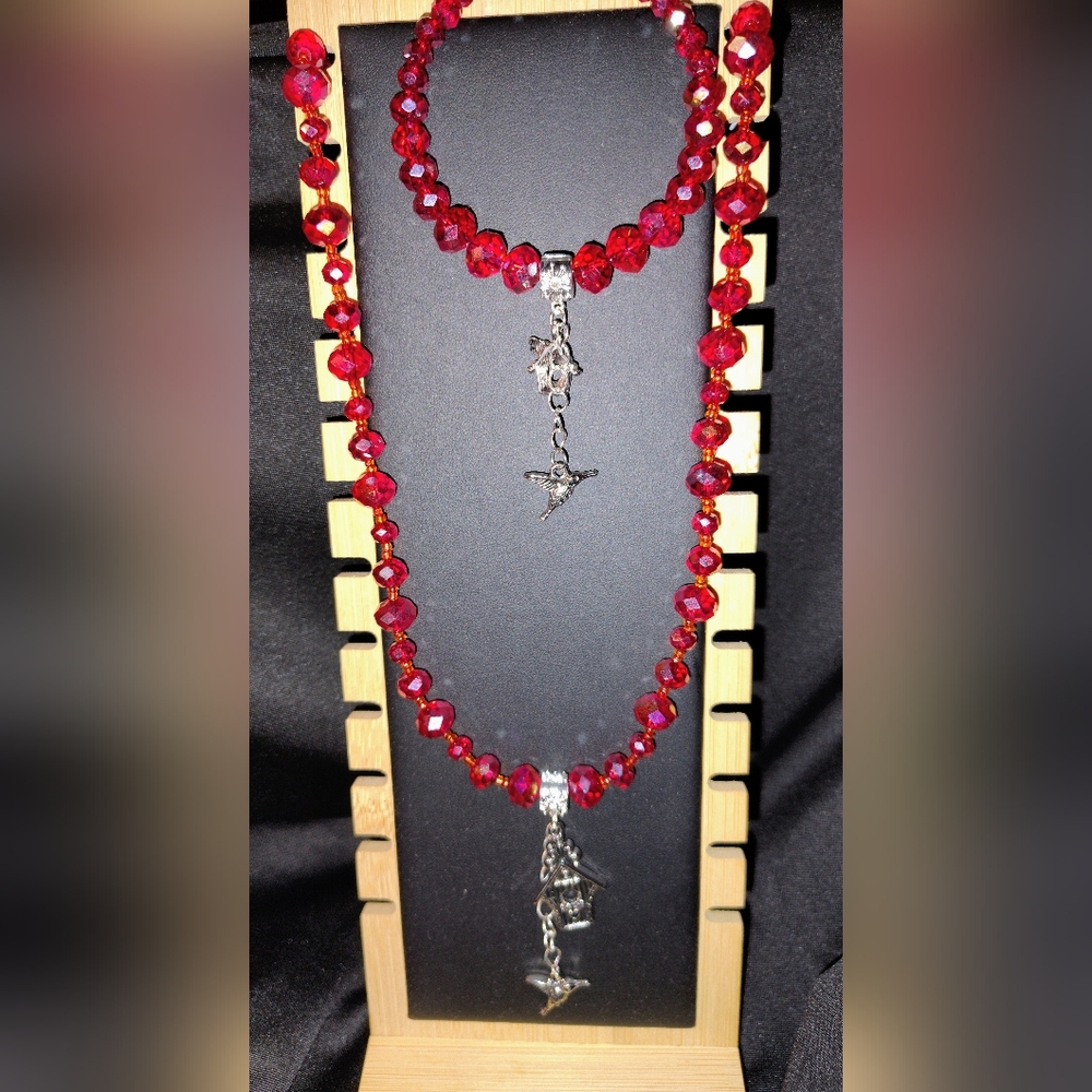 HANDMADE Red Crystal Glass Beaded Necklace And Bracelet Set, Birdhouse